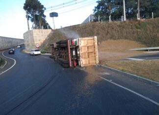 Caminhão carregado com grãos tomba na BR-376 em PG