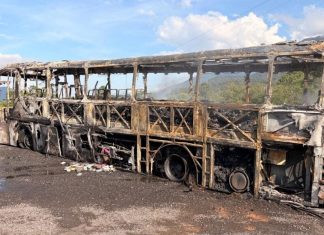 Ônibus fica totalmente destruído depois de pegar fogo na BR-376, em Guaratuba, Litoral do Paraná
