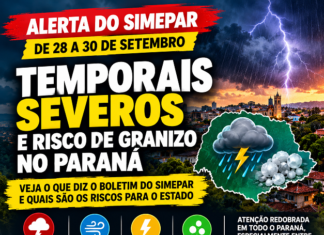 SIMEPAR alerta para tempestades severas e risco de granizo no Paraná entre segunda e quarta-feira